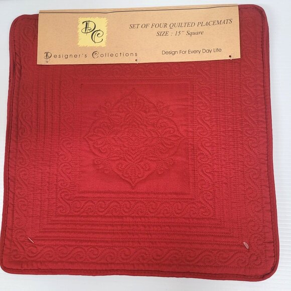 Red Quilted Placemats 15'' Square Set of 4 New 100% Cotton Machine Wash Dry - Picture 2 of 5
